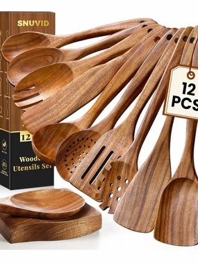 12-Piece Natural Wood Kitchen Utensil Set - Brown